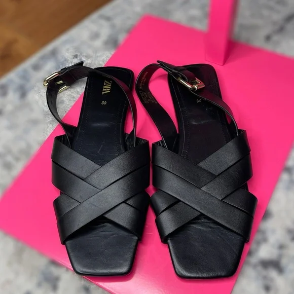 Zara Black Leather Sandals with Ankle Strap - Picture 4 of 5